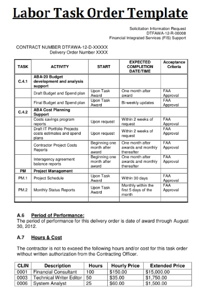 2 Labor Task Order Templates Free Printable Word PDF