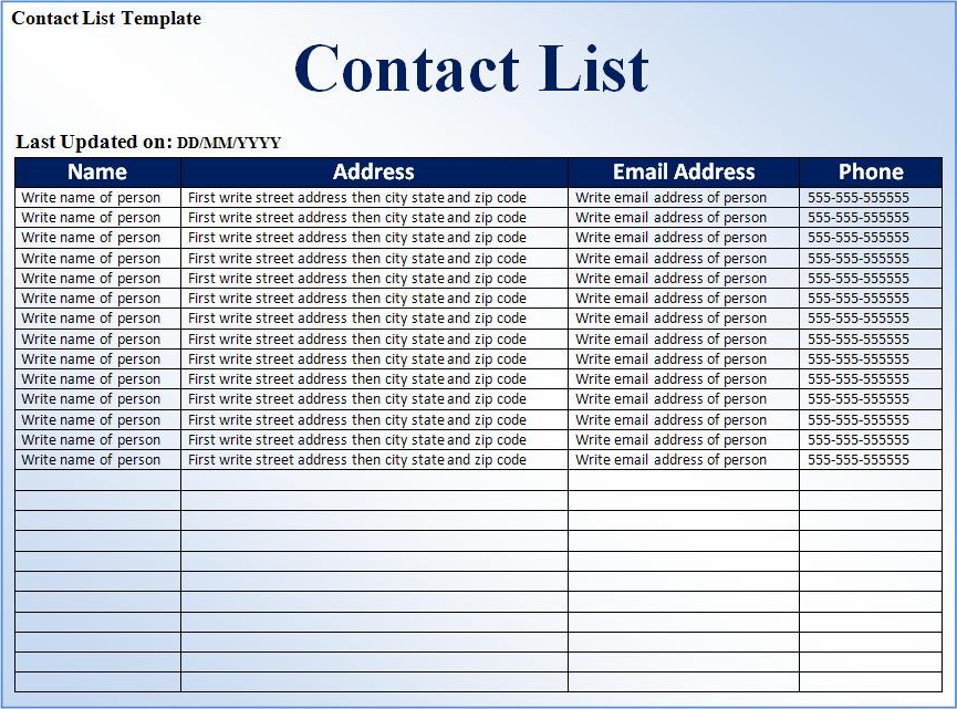 Contact List Template Excel Simple Template Design Vrogue